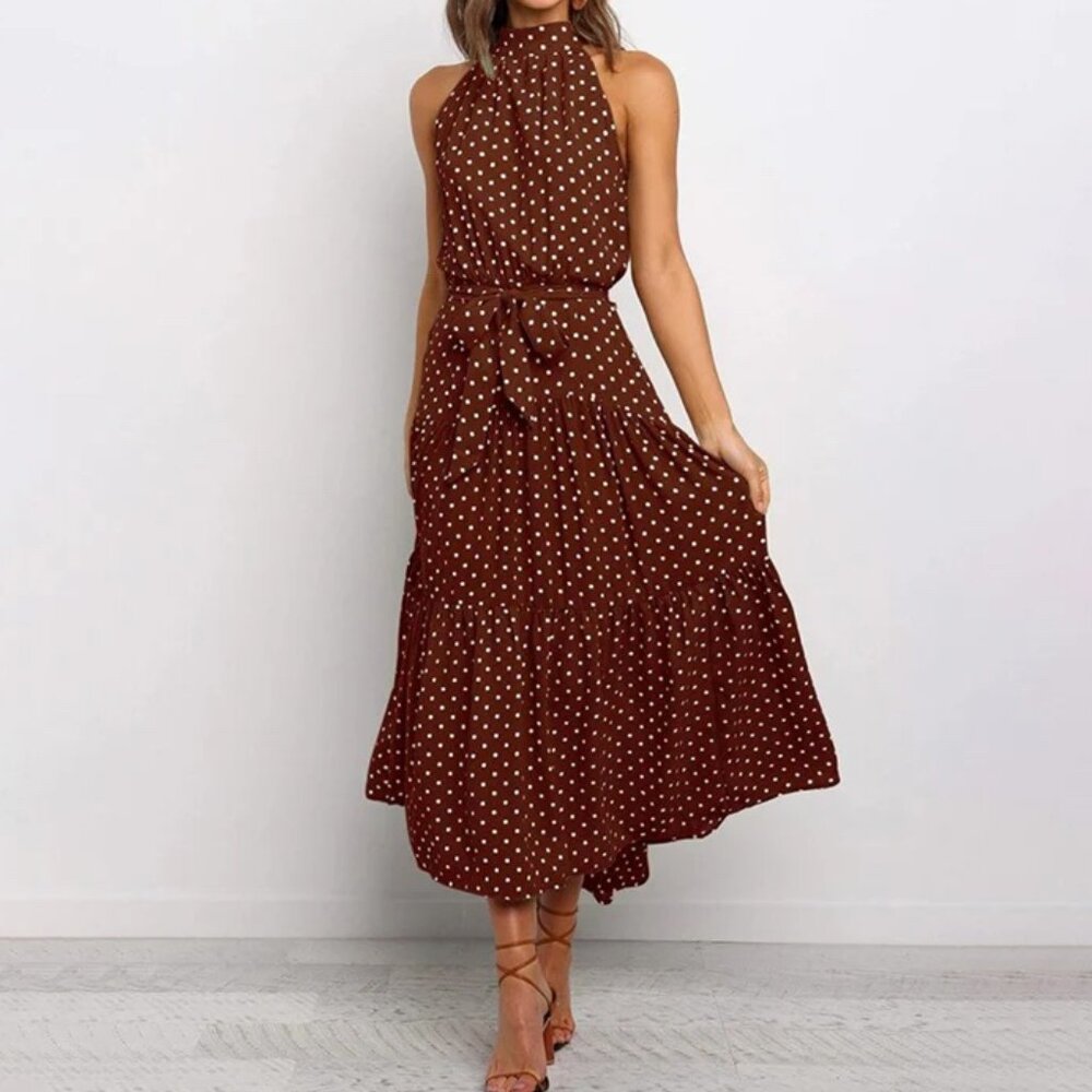 Brown & White Polka Dot Halter Top Dress